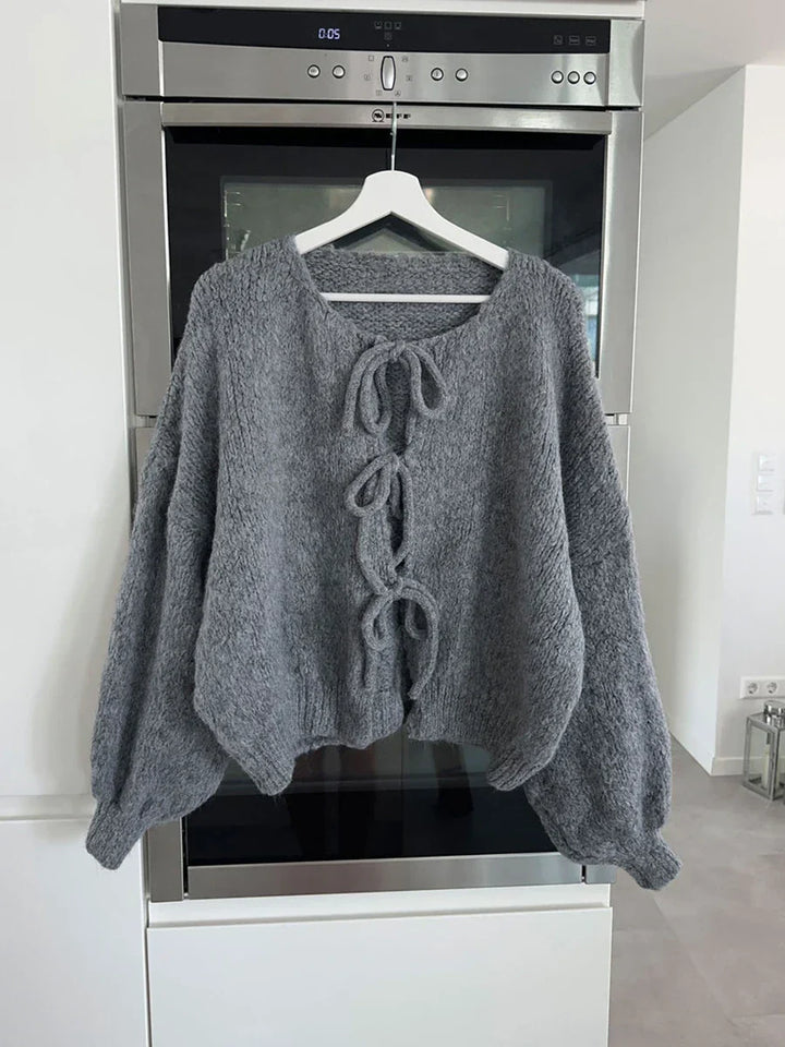 Damen elegante Strickjacke mit Schleife (6)