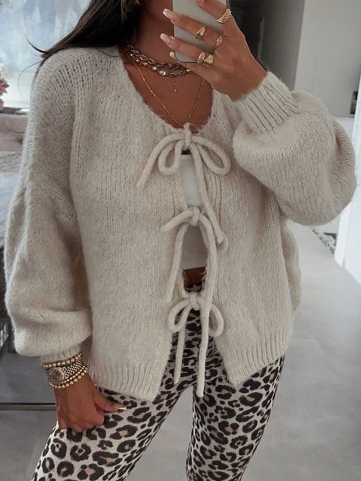 Damen elegante Strickjacke mit Schleife (8)
