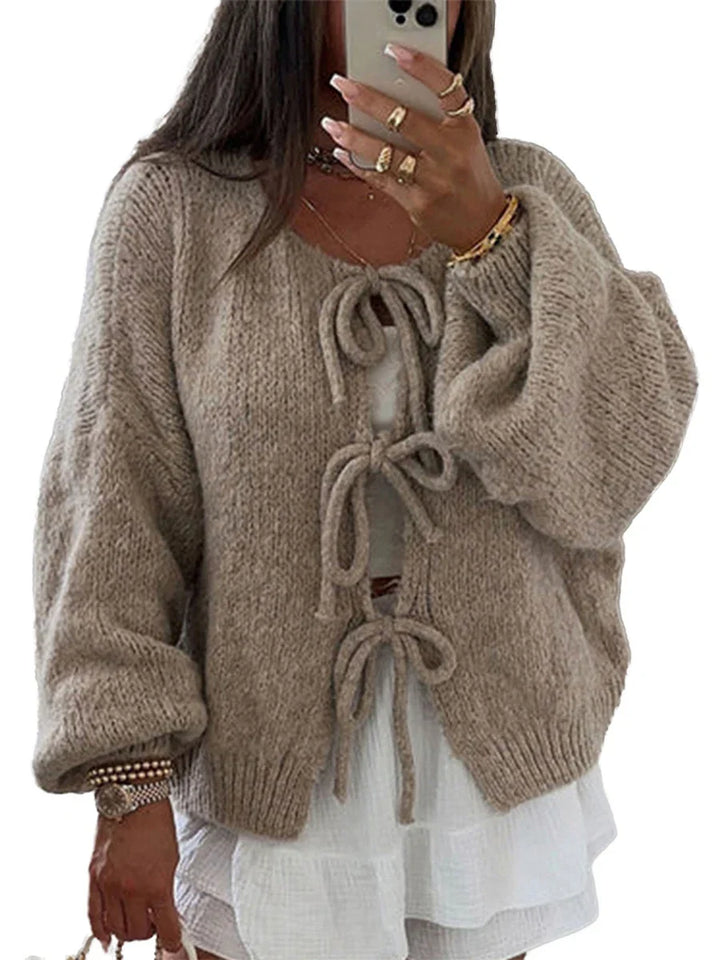Damen elegante Strickjacke mit Schleife (9)