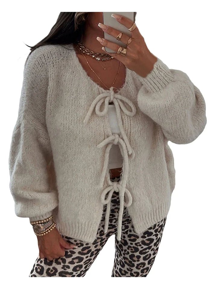 Damen elegante Strickjacke mit Schleife in Beige