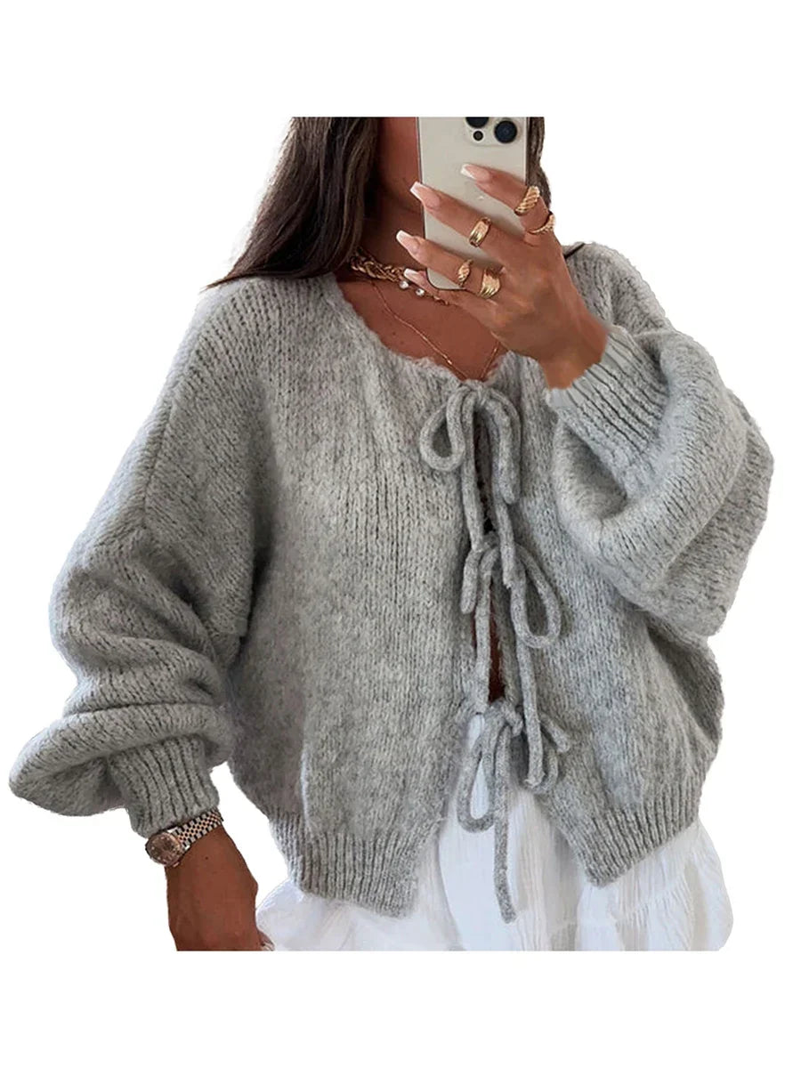 Damen elegante Strickjacke mit Schleife in Hellgrau