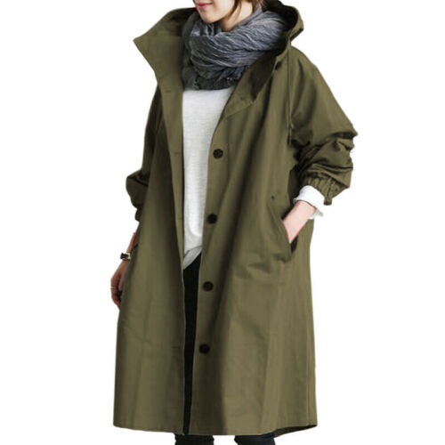 Damen eleganter langer Kapuzen-Trenchcoat in Armeegrün