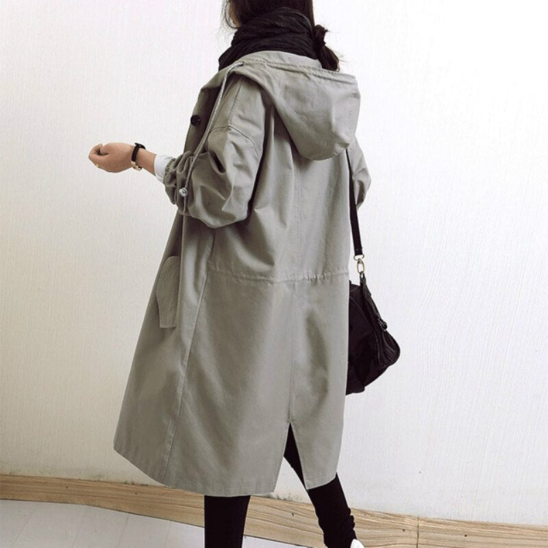 Damen eleganter langer Kapuzen-Trenchcoat in Grau 1