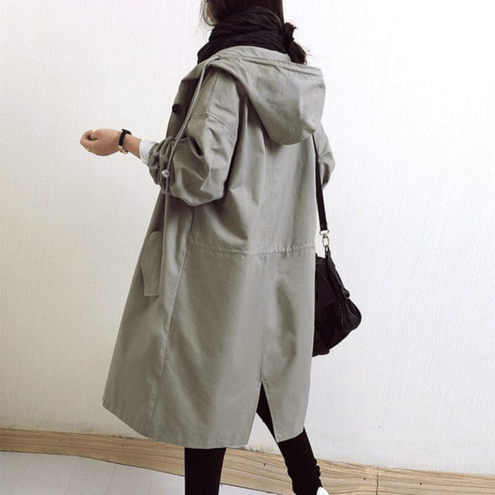 Damen eleganter langer Kapuzen-Trenchcoat in Grau 1