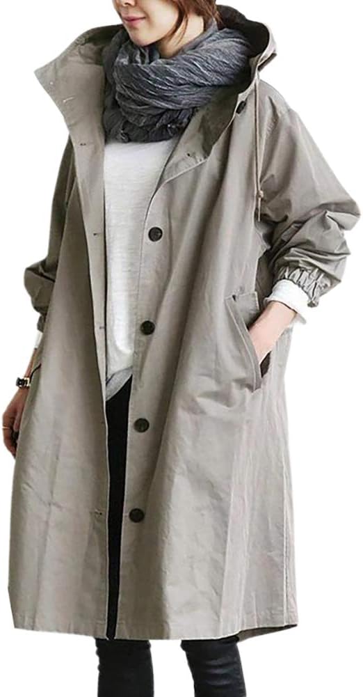 Damen eleganter langer Kapuzen-Trenchcoat in Grau 2
