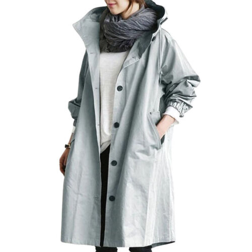 Damen eleganter langer Kapuzen-Trenchcoat in Hellblau