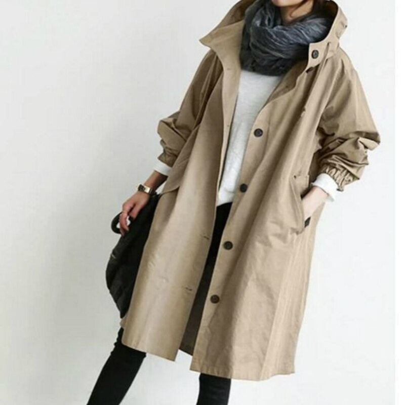 Damen eleganter langer Kapuzen-Trenchcoat in Khaki