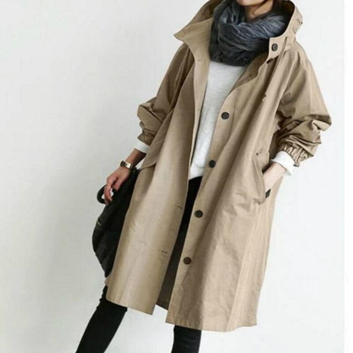 Damen eleganter langer Kapuzen-Trenchcoat in Khaki