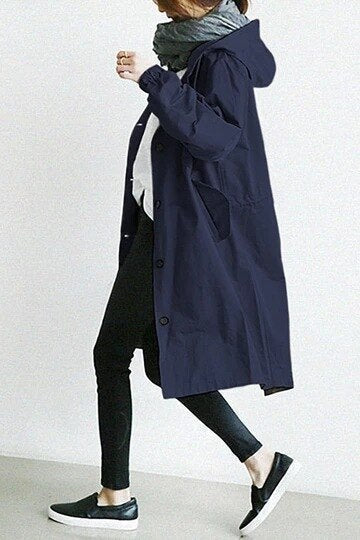 Damen eleganter langer Kapuzen-Trenchcoat in Marineblau
