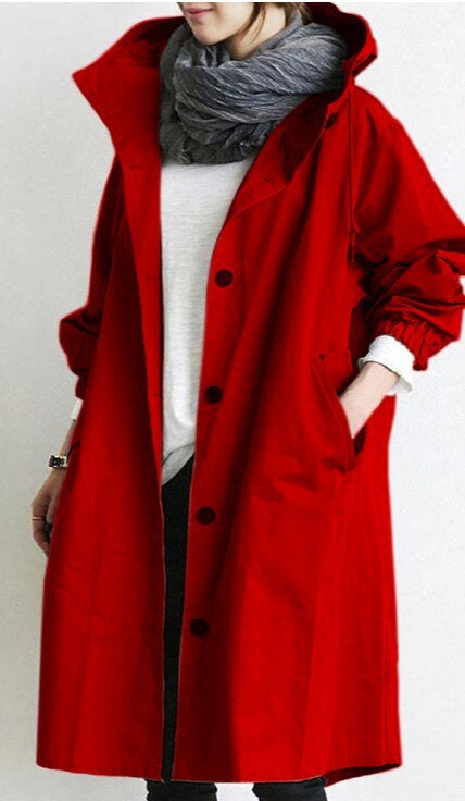 Damen eleganter langer Kapuzen-Trenchcoat in Rot