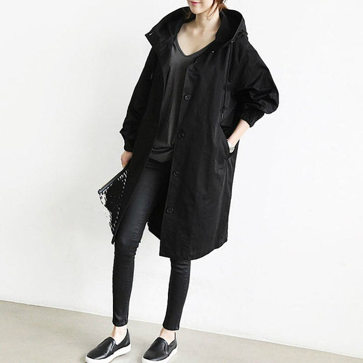 Damen eleganter langer Kapuzen-Trenchcoat in Schwarz