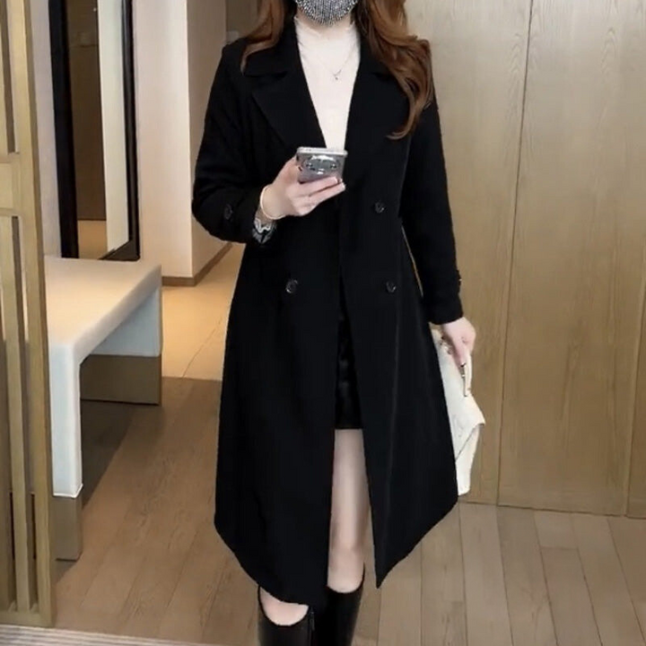Damen Eleganter Woll-Trenchmantel für Winter in Schwarz