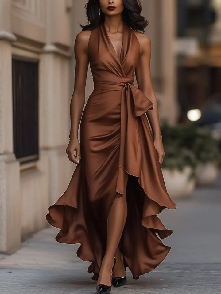 Damen Elegantes Abendkleid Lang Wickelstil in Braun