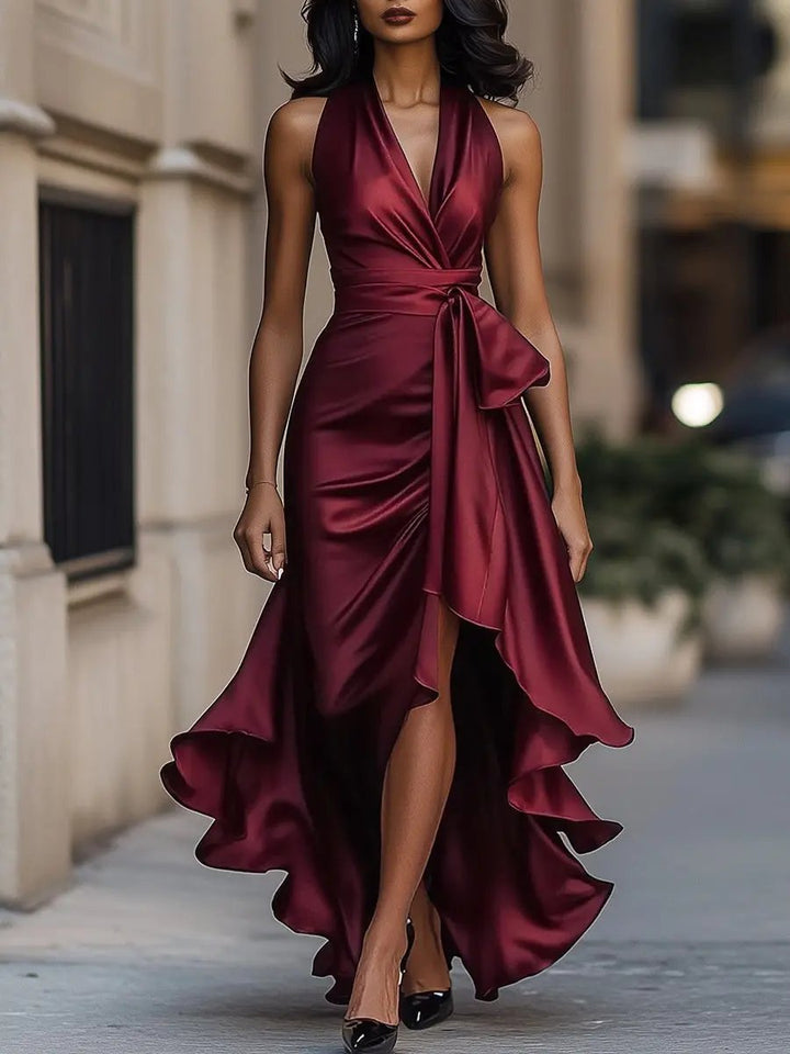 Damen Elegantes Abendkleid Lang Wickelstil in Burgunder