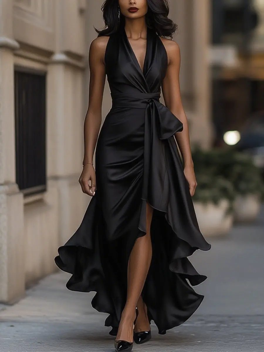 Damen Elegantes Abendkleid Lang Wickelstil in Schwarz