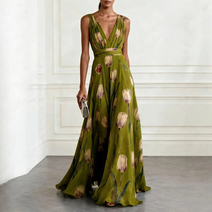 Damen Elegantes Abendkleid Maxi mit Blüten in Grün