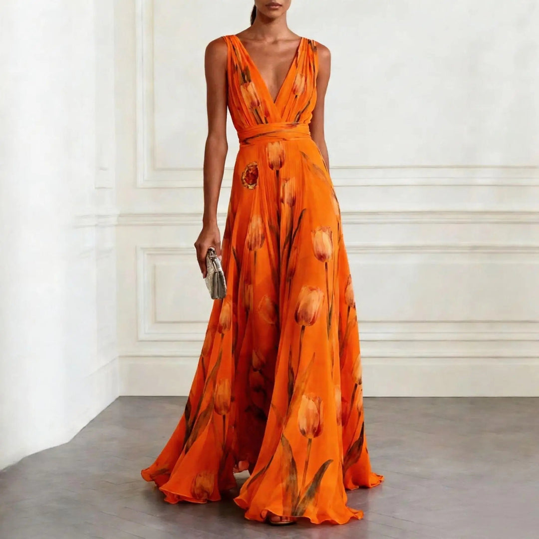 Damen Elegantes Abendkleid Maxi mit Blüten in Orange