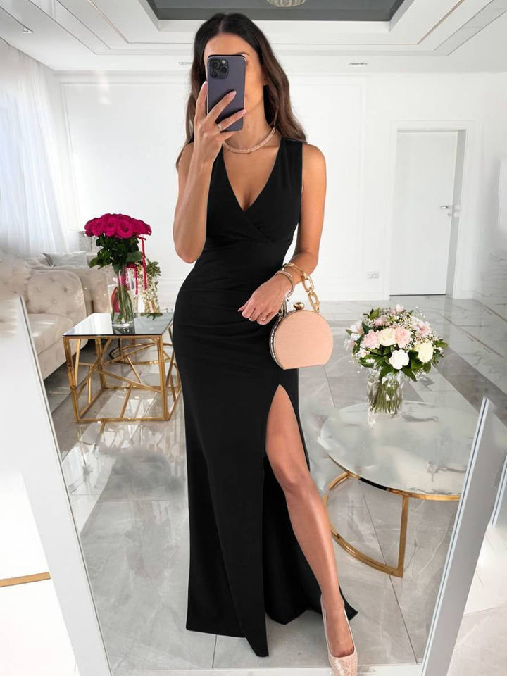 Damen elegantes Abendkleid mit Schlitz für Hochzeiten in Schwarz