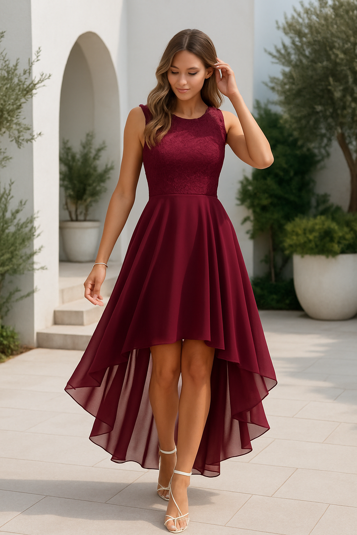 Damen Elegantes Fließendes Midikleid für Hochzeitsgäste in Weinrot 2