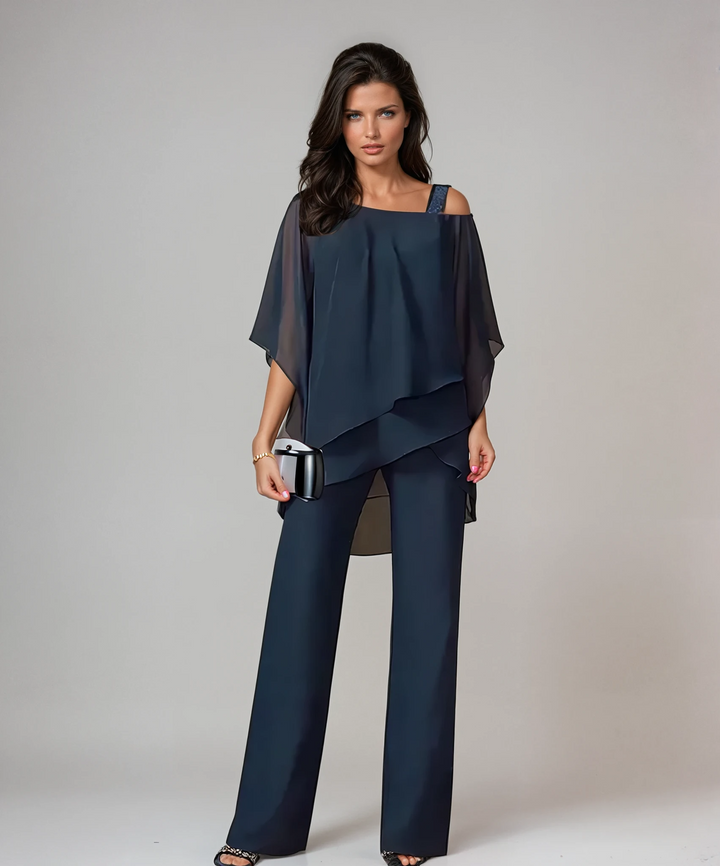 Damen Elegantes Fließendes Lagen-Set in Marineblau