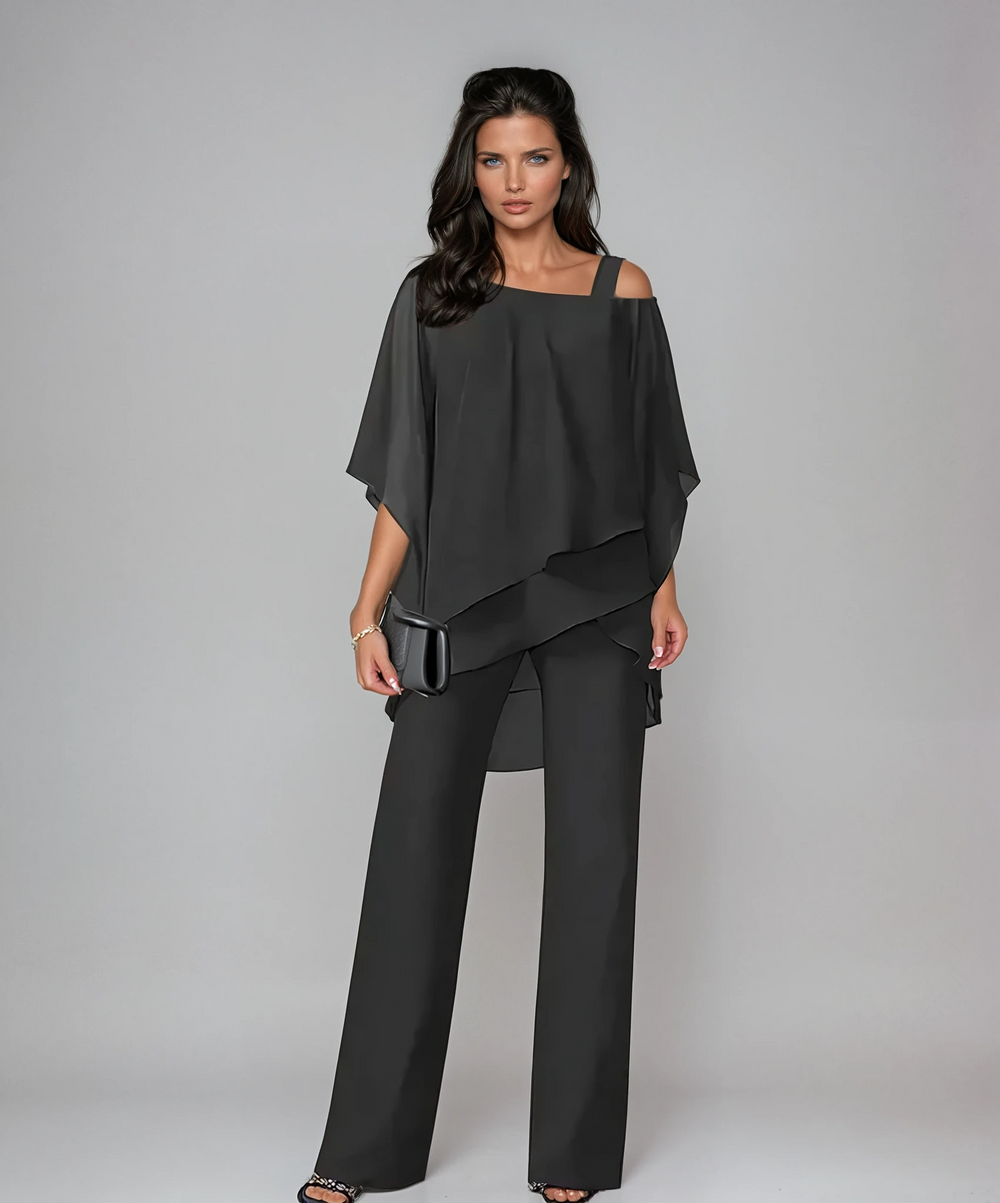 Damen Elegantes Fließendes Lagen-Set in Schwarz