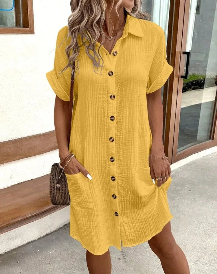 Damen Elegantes Hemdkleid aus Baumwolle für Sommer in Gelb