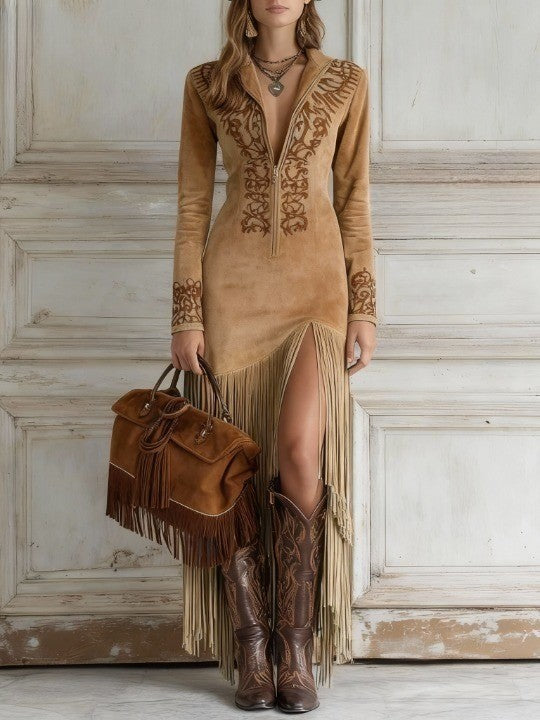 Damen Elegantes Herbst-Maxikleid im Western-Stil in Hellbraun
