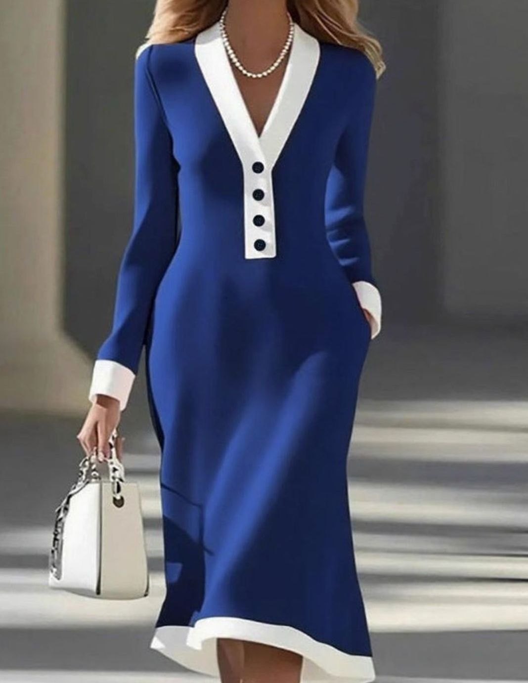 Damen Elegantes Hochzeitsgast-Kleid Midi mit Colorblock in Blau