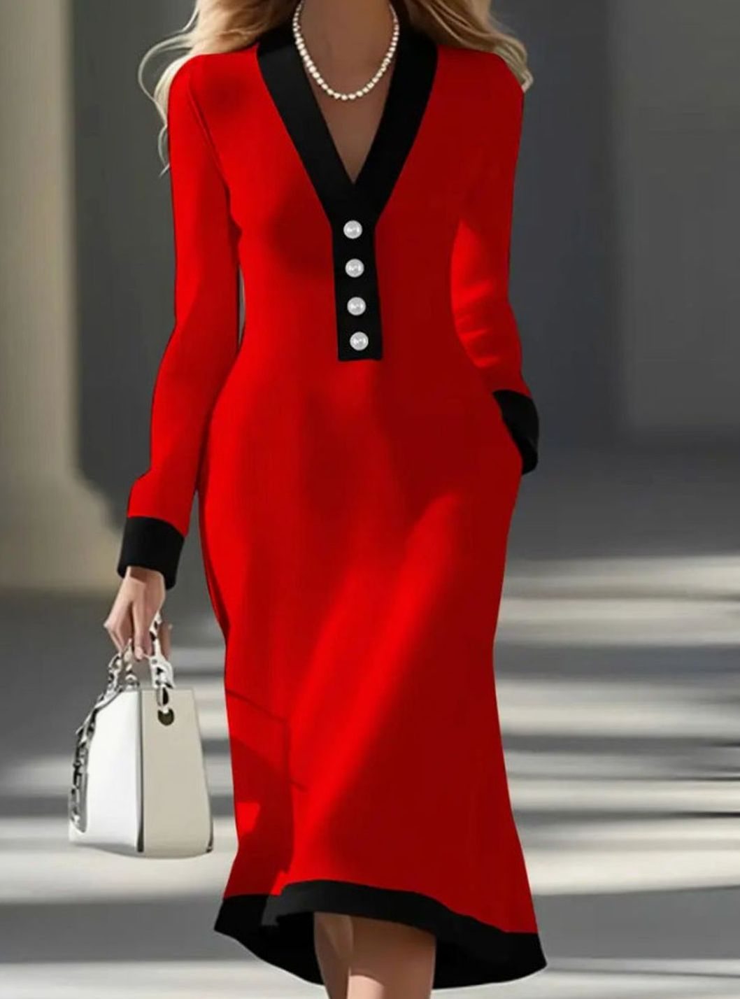 Damen Elegantes Hochzeitsgast-Kleid Midi mit Colorblock in Rot