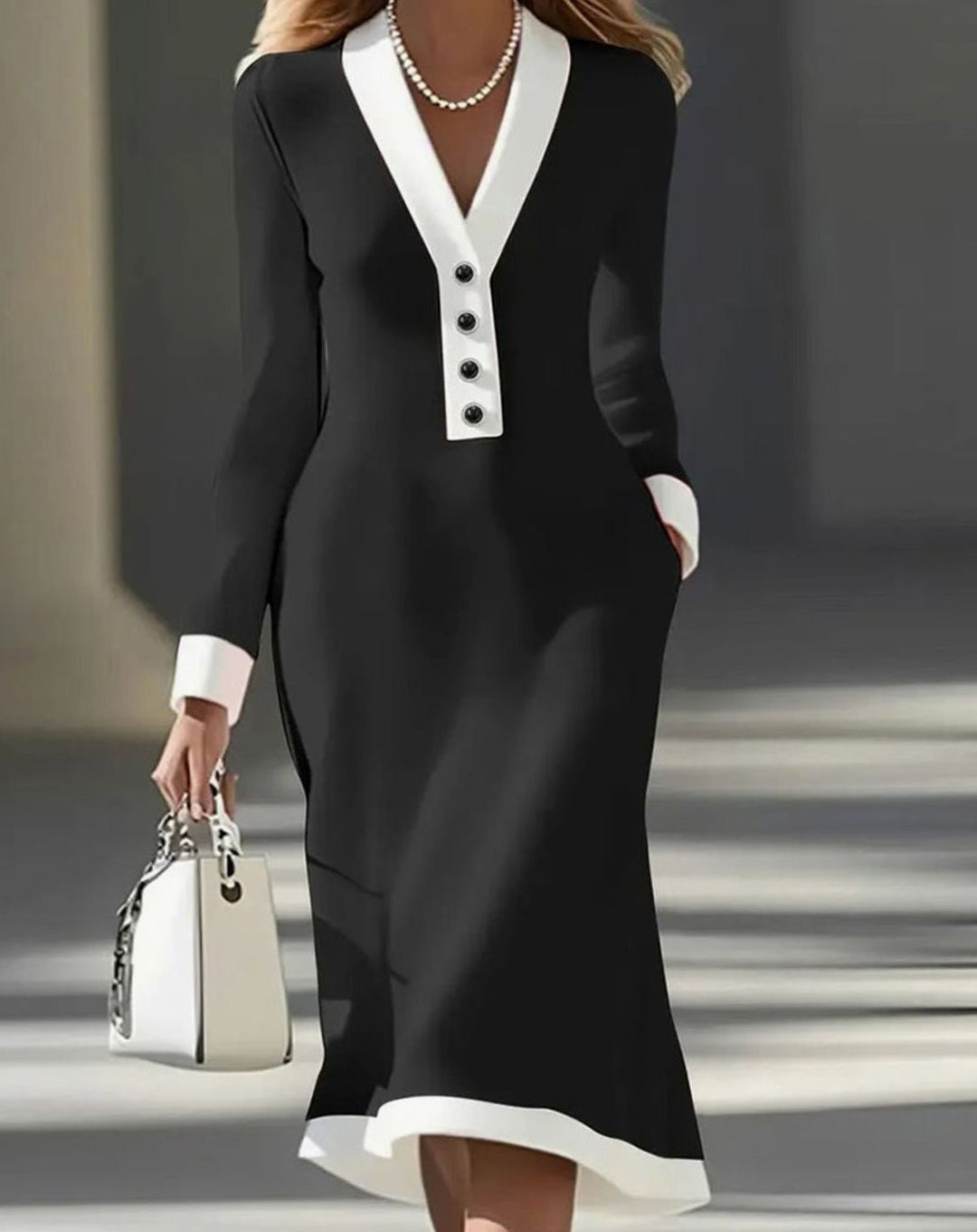 Damen Elegantes Hochzeitsgast-Kleid Midi mit Colorblock in Schwarz
