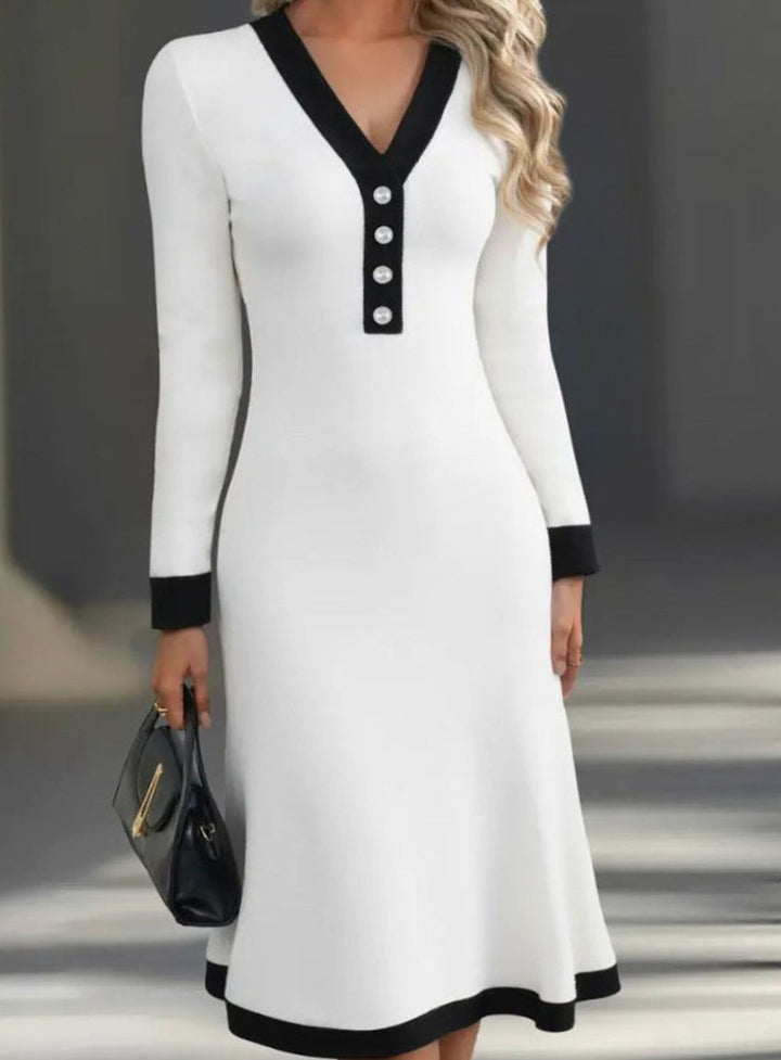 Damen Elegantes Hochzeitsgast-Kleid Midi mit Colorblock in Weiß