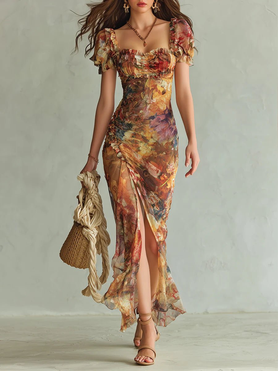 Damen elegantes Kleid Chiffon Maxi Boho in Orange