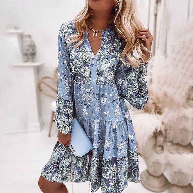 Damen Elegantes Kleid im Boho-Stil in Blau