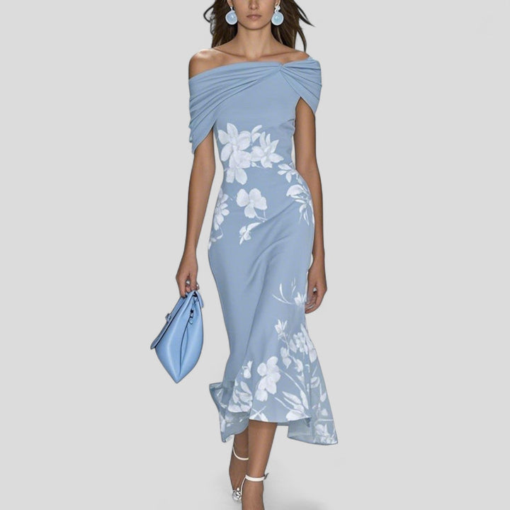 Damen Elegantes Kleid Midi mit Blumenmuster in Blau