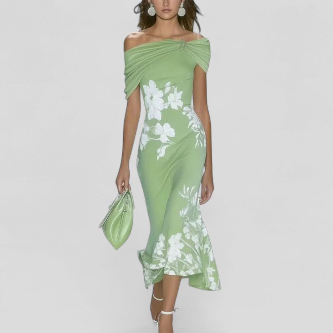 Damen Elegantes Kleid Midi mit Blumenmuster in Grün