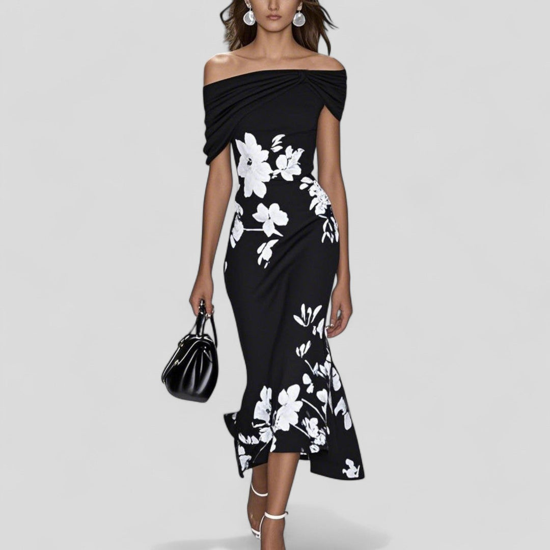 Damen Elegantes Kleid Midi mit Blumenmuster in Schwarz