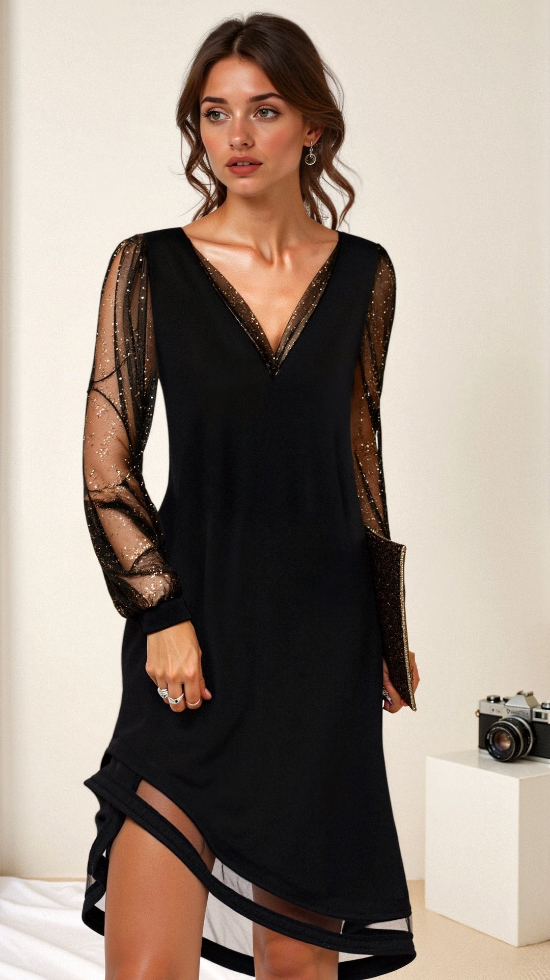 Damen Elegantes Kleid mit Pailletten Maxilänge in Schwarz
