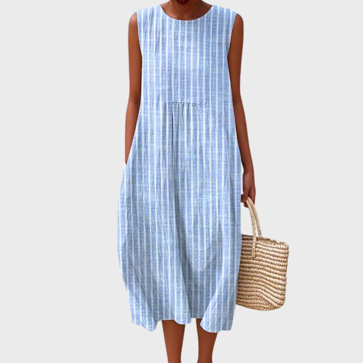 Damen Elegantes Leinen-Midikleid für Sommer in Blau