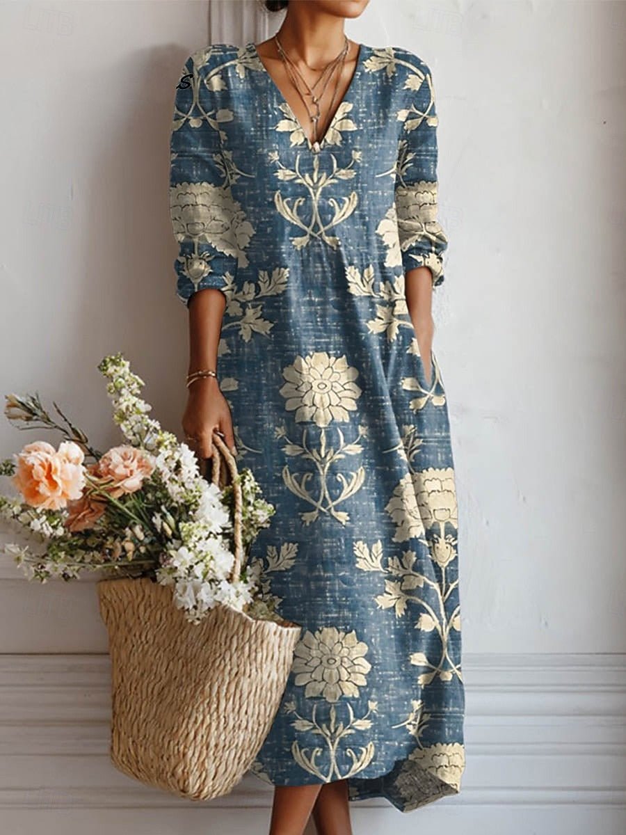Damen Elegantes Leinenkleid Midi Boho