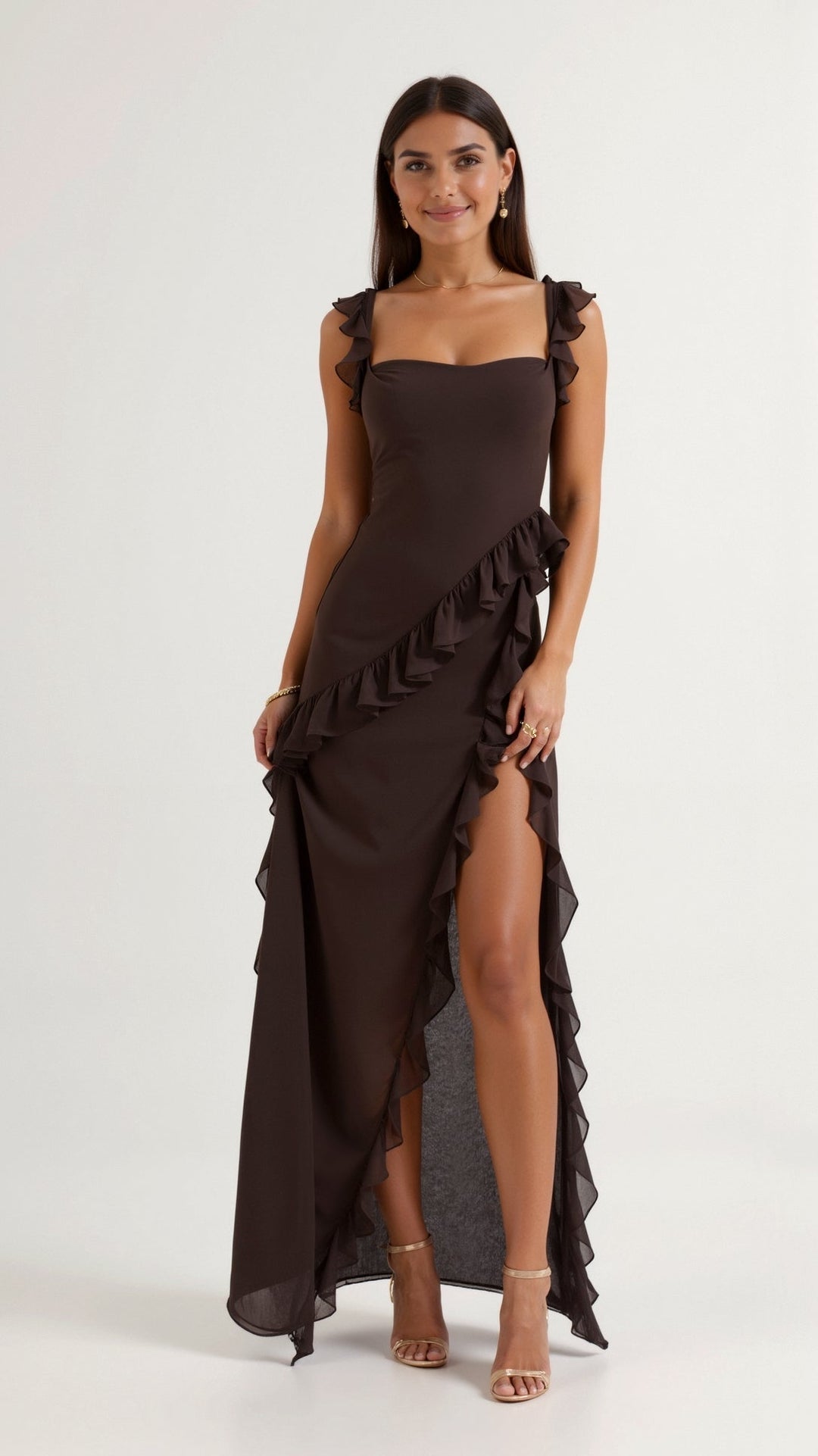 Damen elegantes Maxikleid mit fließendem Schnitt für Hochzeitsgäste und Abendanlässe in Brązowy 1
