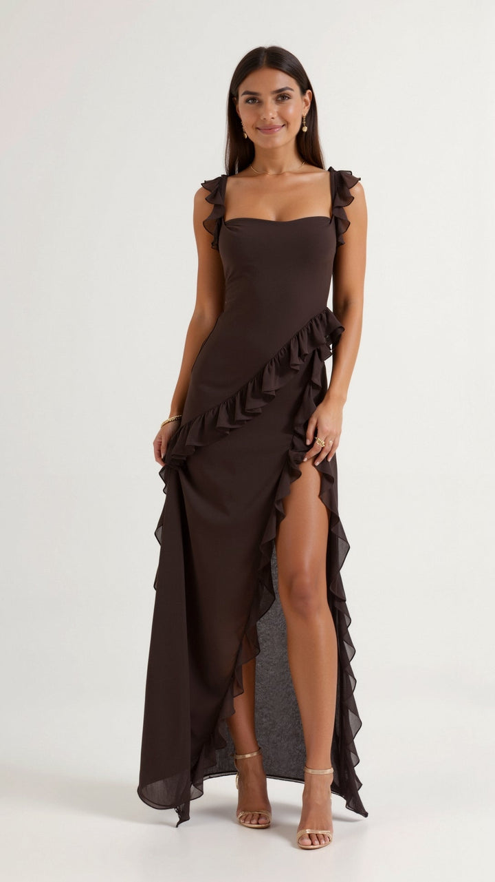 Damen elegantes Maxikleid mit fließendem Schnitt für Hochzeitsgäste und Abendanlässe in Brązowy 1