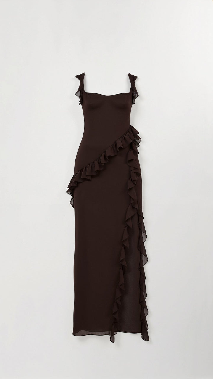 Damen elegantes Maxikleid mit fließendem Schnitt für Hochzeitsgäste und Abendanlässe in Brązowy 3