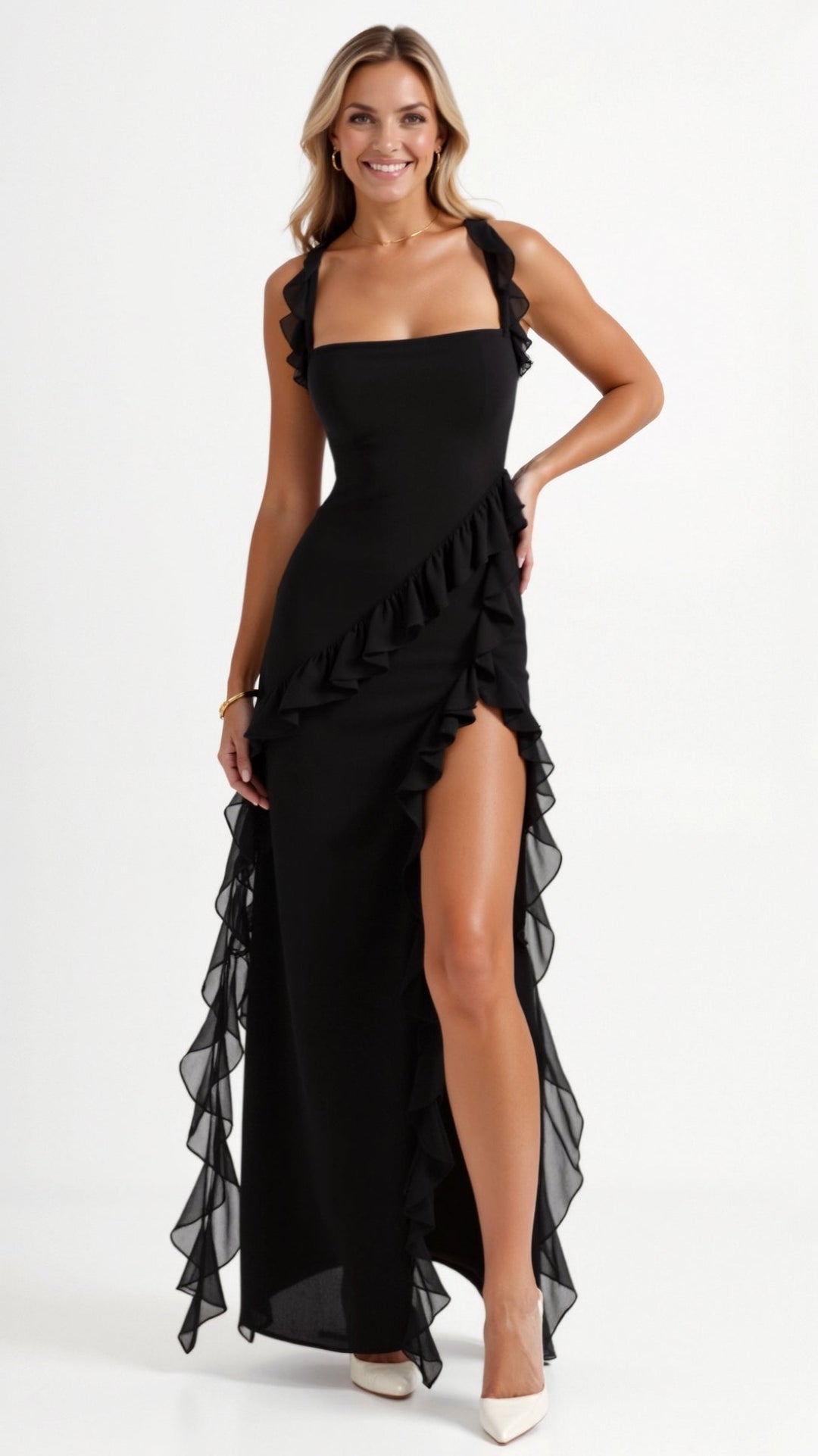Damen elegantes Maxikleid mit fließendem Schnitt für Hochzeitsgäste und Abendanlässe in Schwarz 1