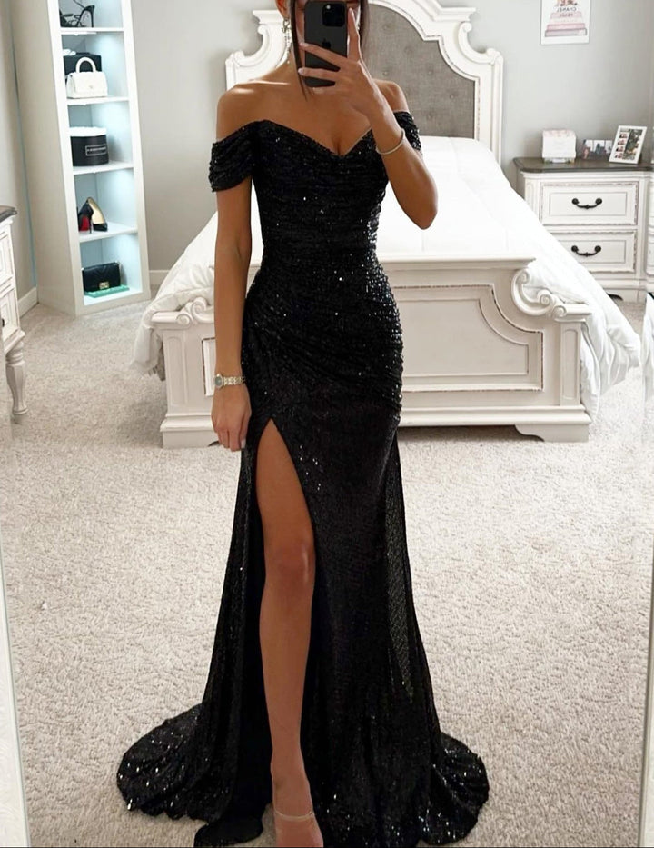 Damen elegantes Maxikleid mit schulterfreiem Ausschnitt im festlichen Stil für Hochzeitsgäste in Schwarz