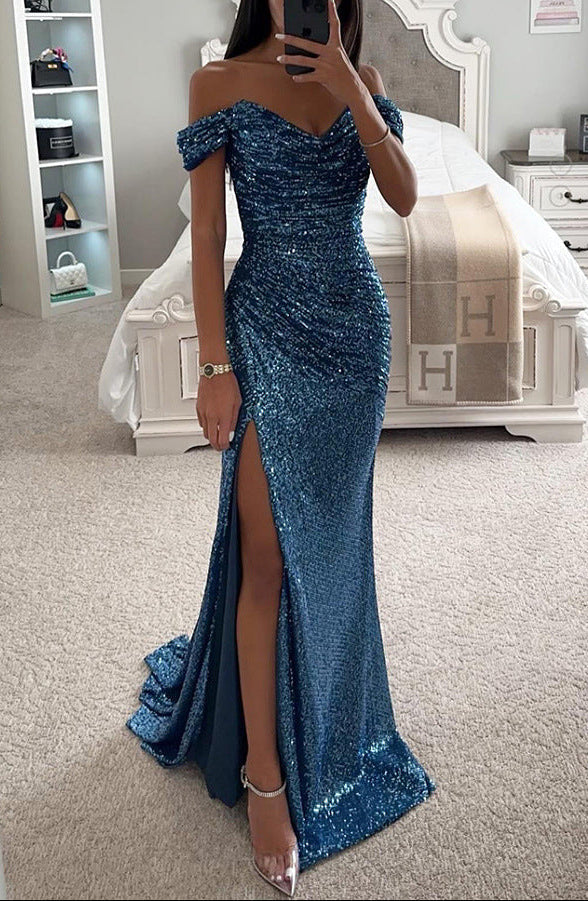Damen elegantes Maxikleid mit schulterfreiem Ausschnitt im festlichen Stil für Hochzeitsgäste in Turkusowy