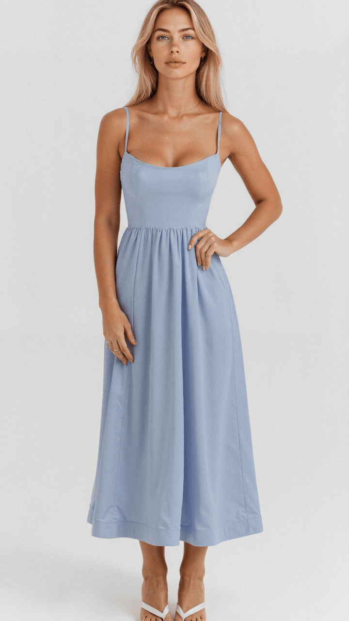 Damen elegantes Midi-Kleid für festliche Herbstanlässe in Hellblau