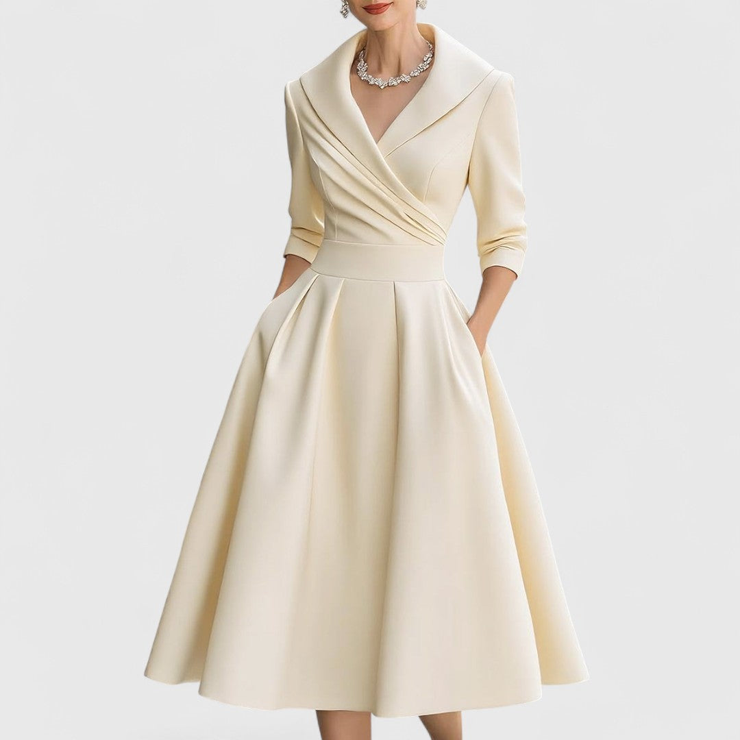Damen Elegantes Midikleid mit ausgestelltem Rock in Beige