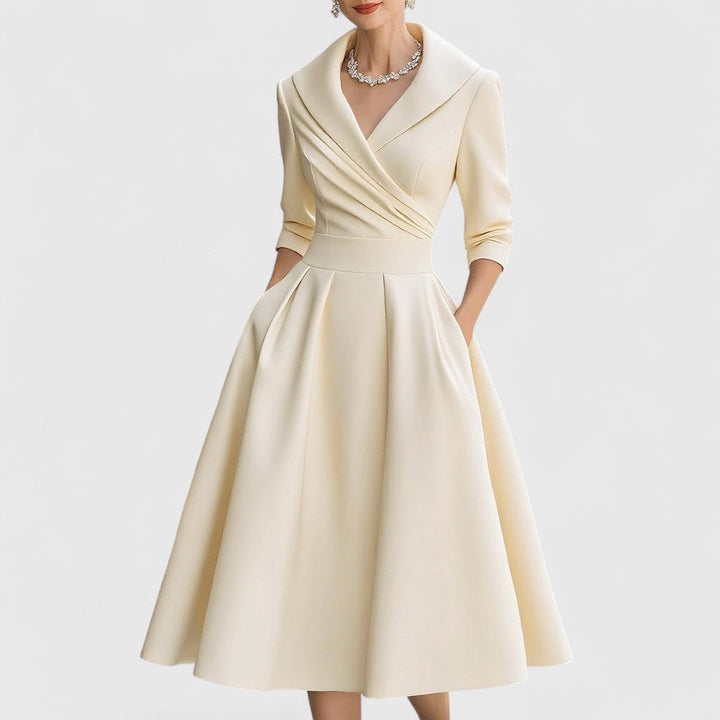 Damen Elegantes Midikleid mit ausgestelltem Rock in Beige