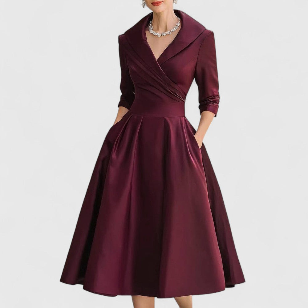 Damen Elegantes Midikleid mit ausgestelltem Rock in Dunkelrot