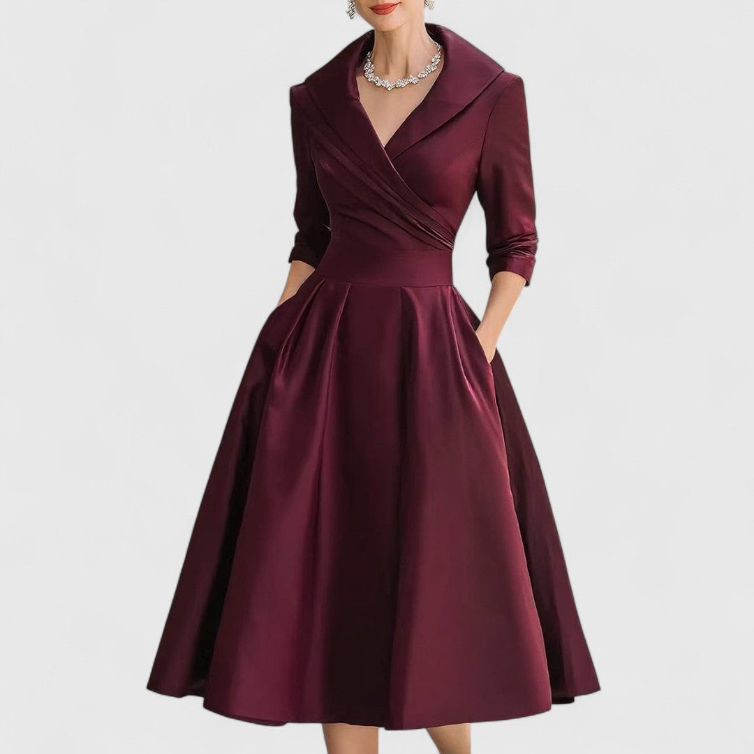 Damen Elegantes Midikleid mit ausgestelltem Rock in Dunkelrot